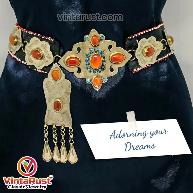 Silver Kuchi Turkman Belt With Brown Glass Stones
