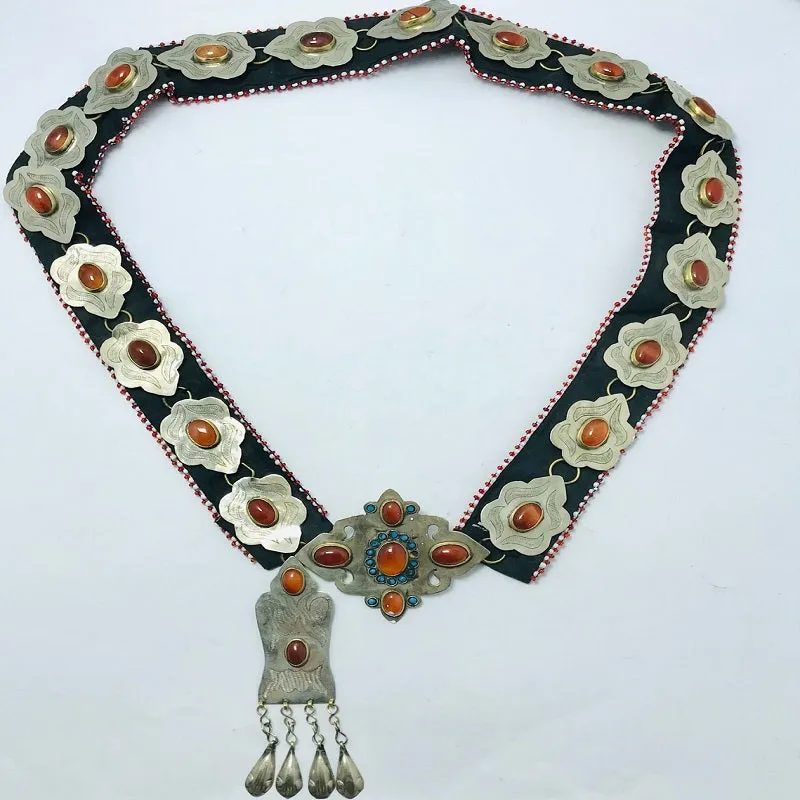 Silver Kuchi Turkman Belt With Brown Glass Stones