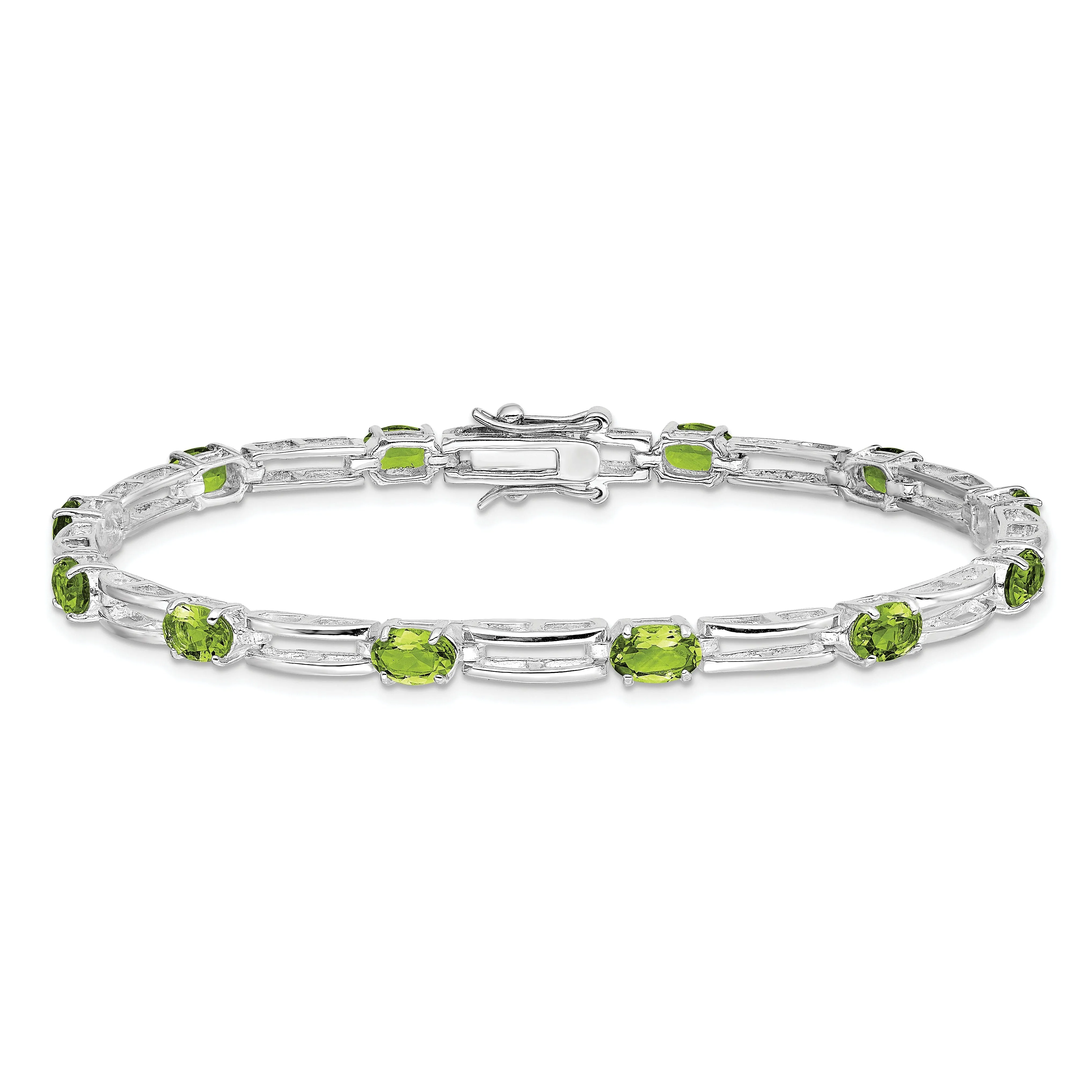 Silver Oval Peridot Gemstone Diamond Bracelet