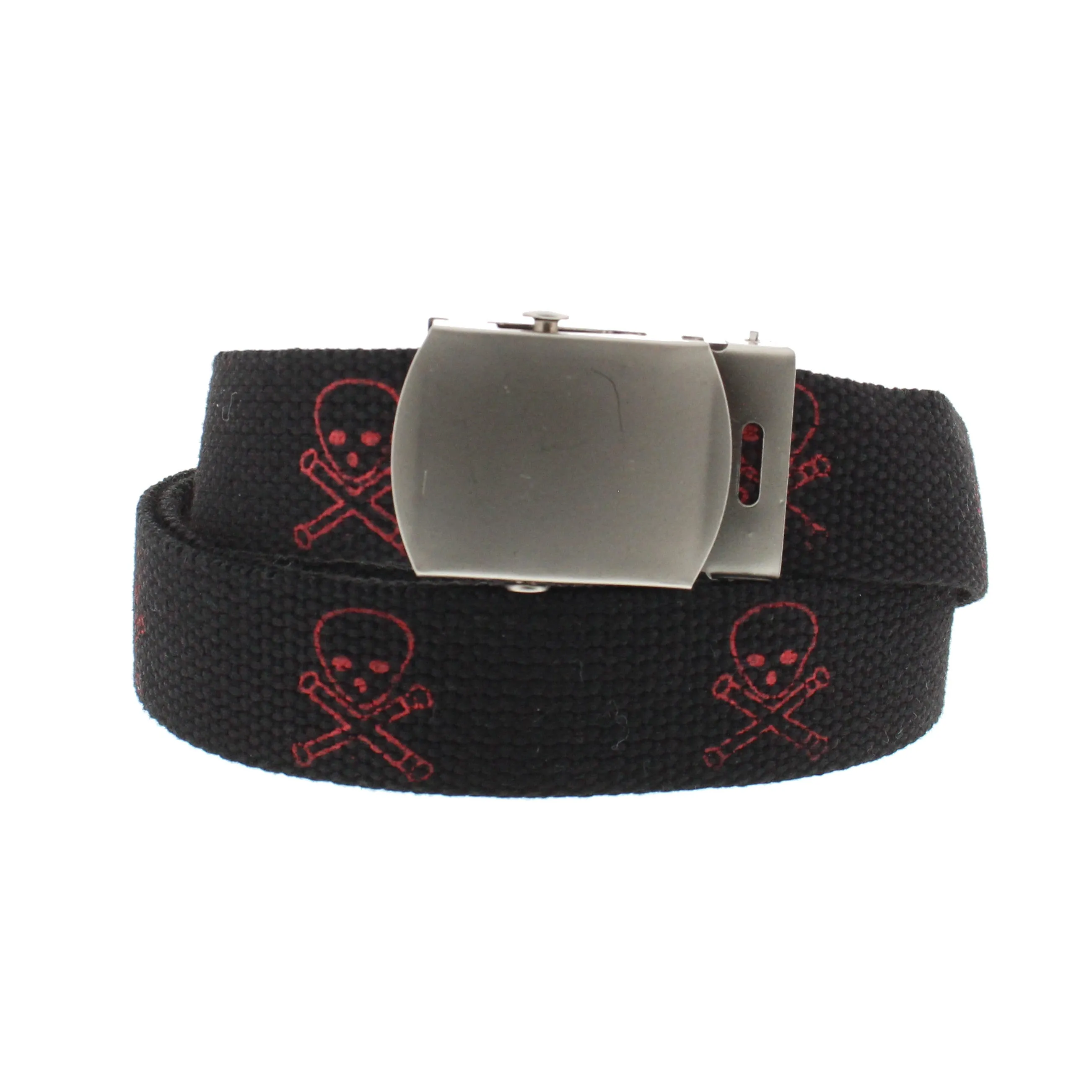 Skull & Crossbones Canvas Webbing Belt with Shiny Silver Slider Buckle (Length - 120cm, Width - 3cm)