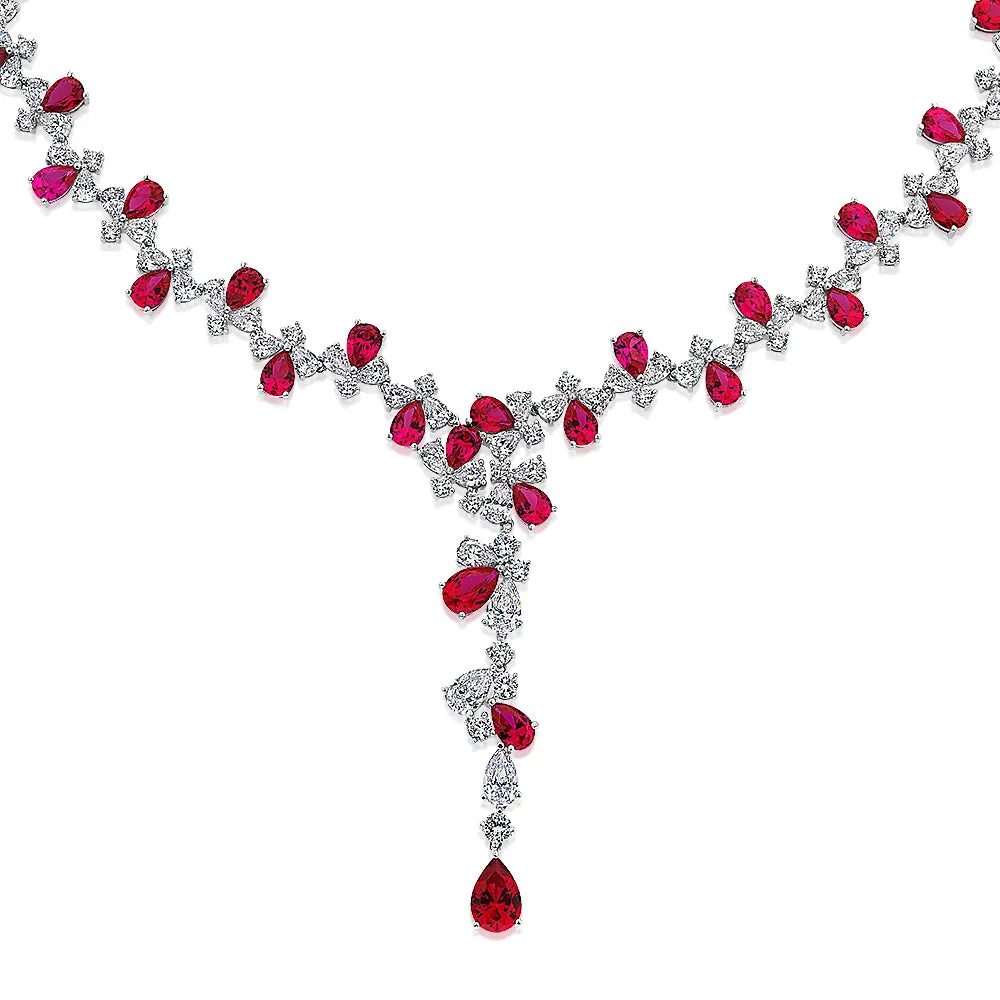 Statement necklace with ruby simulants and 32.71 carats* of diamond simulants in sterling silver
