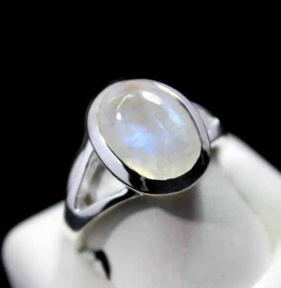 Sterling Silver Large Oval Rainbow Moonstone Ring