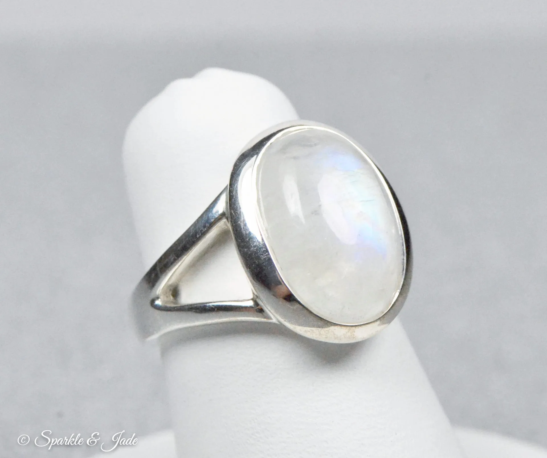 Sterling Silver Large Oval Rainbow Moonstone Ring