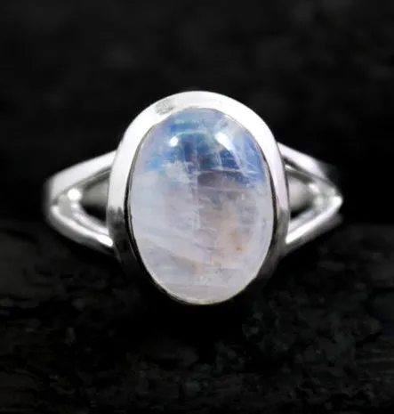 Sterling Silver Large Oval Rainbow Moonstone Ring