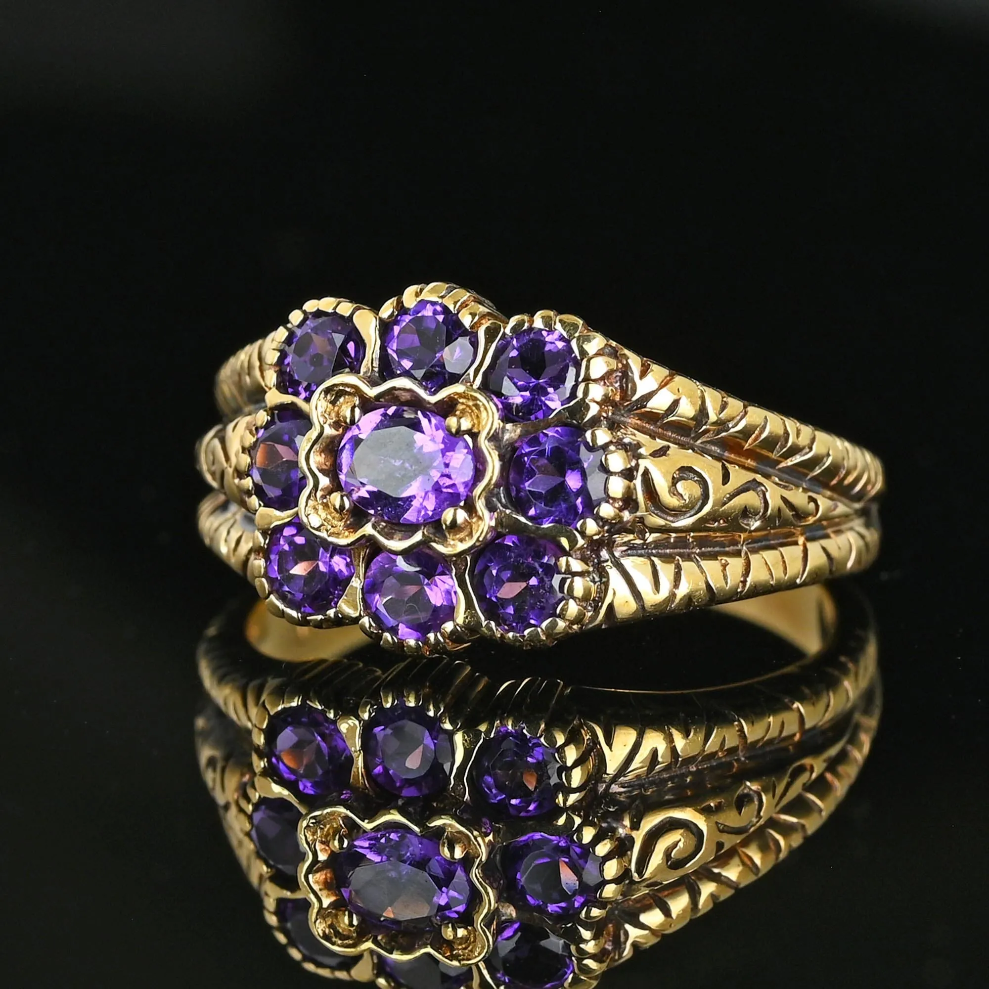 Wide Gold Engraved Band Floral Cluster Amethyst Ring